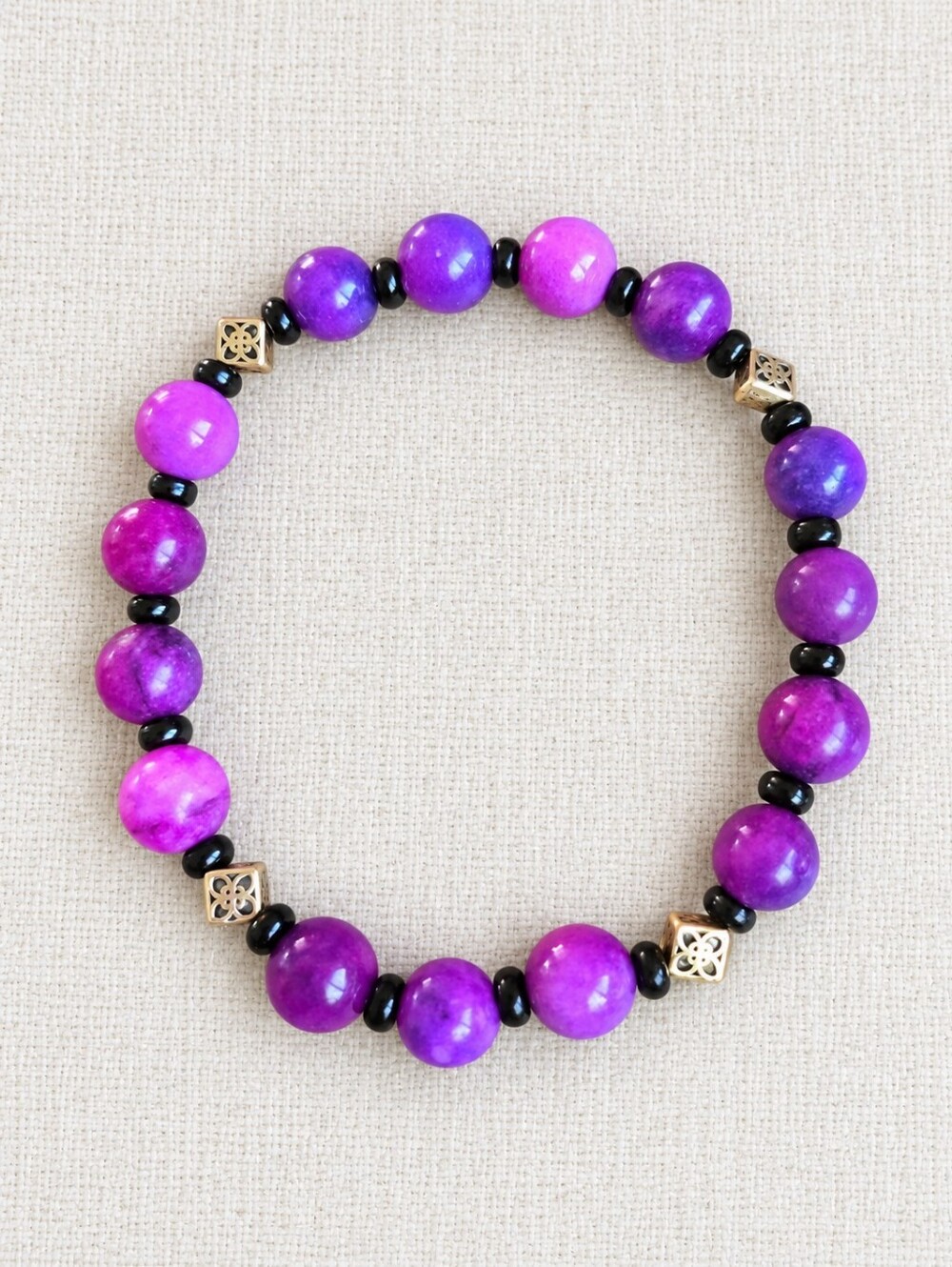 Sugilite & Black Obsidian Gemstone Bead Stretch  Bracelet | Handmade
